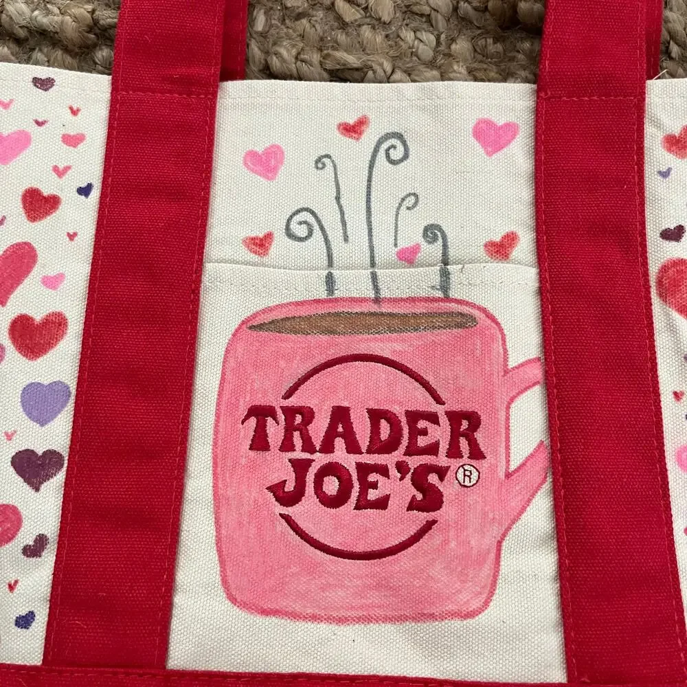 Trader Joe's Mini Canvas Tote Hand Painted Strawberry Coffee Mug Hearts Custom